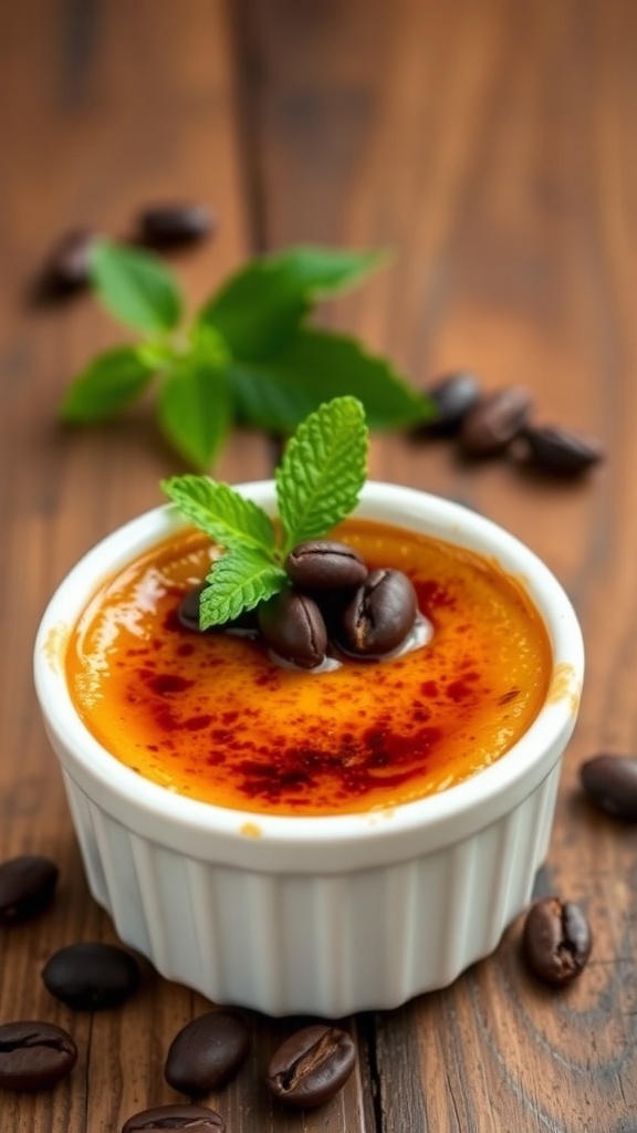 Easy Coffee Crème Brûlée Recipe A ramekin of coffee crème brûlée with caramelized sugar top, garnished with coffee beans and mint.